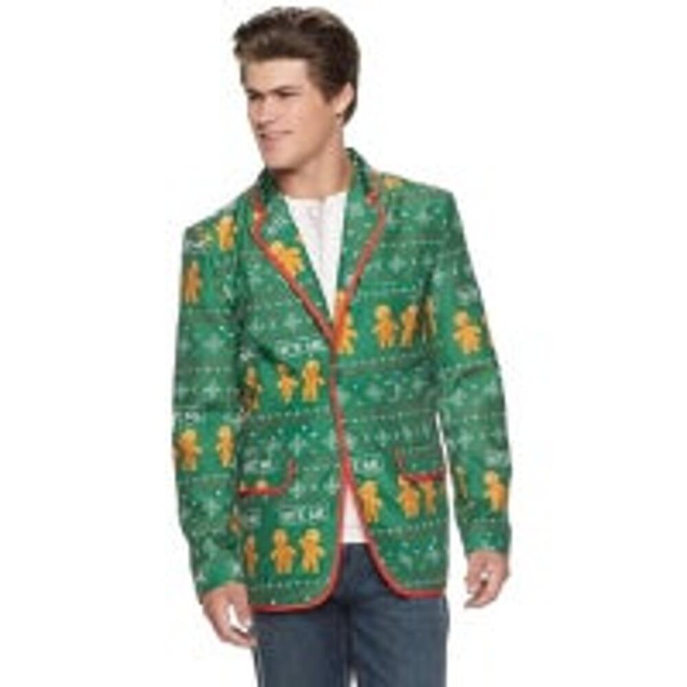 Ugly Christmas Gingerbread Blazer‎ Jacket Mens S Bite Me Party Green Size Small